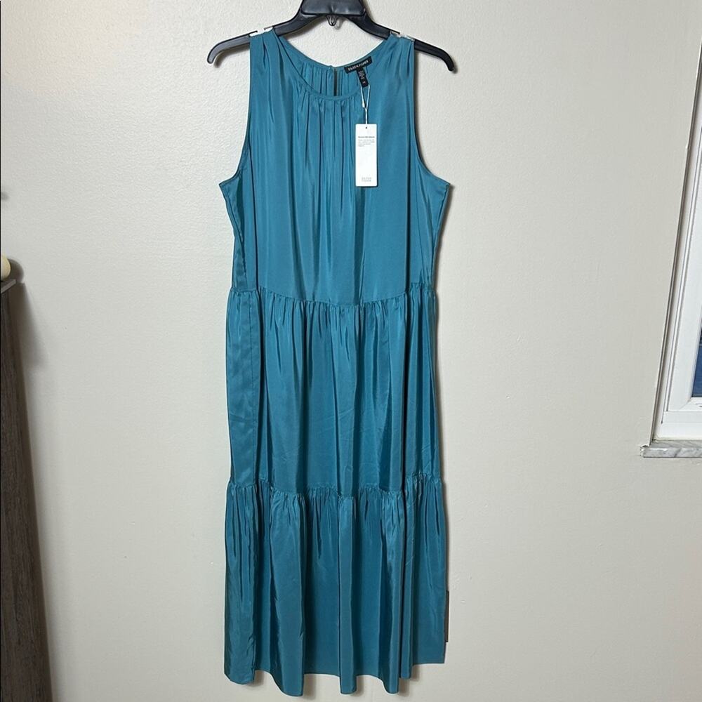 Eileen Fisher washed silk habutai tiered sleeveless dress NWT in River, M